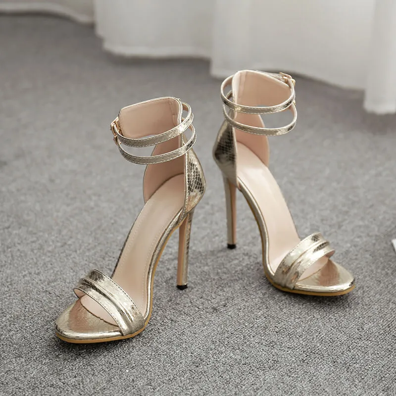 Stripes Ankle Wrap Hasp Open Toe Stiletto High Heel Dress Sandals